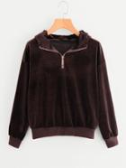 Romwe Zip Neck Velvet Sweatshirt