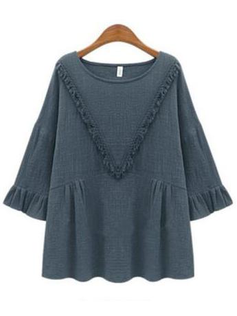 Romwe Round Neck Fringe Blue T-shirt