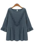 Romwe Round Neck Fringe Blue T-shirt