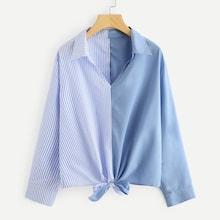 Romwe Plus Knot Contrast Striped Blouse