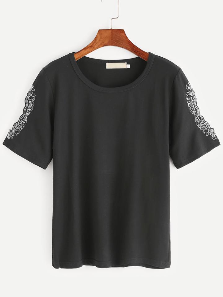 Romwe Black Cut Out Sleeve Embroidered T-shirt