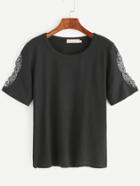 Romwe Black Cut Out Sleeve Embroidered T-shirt