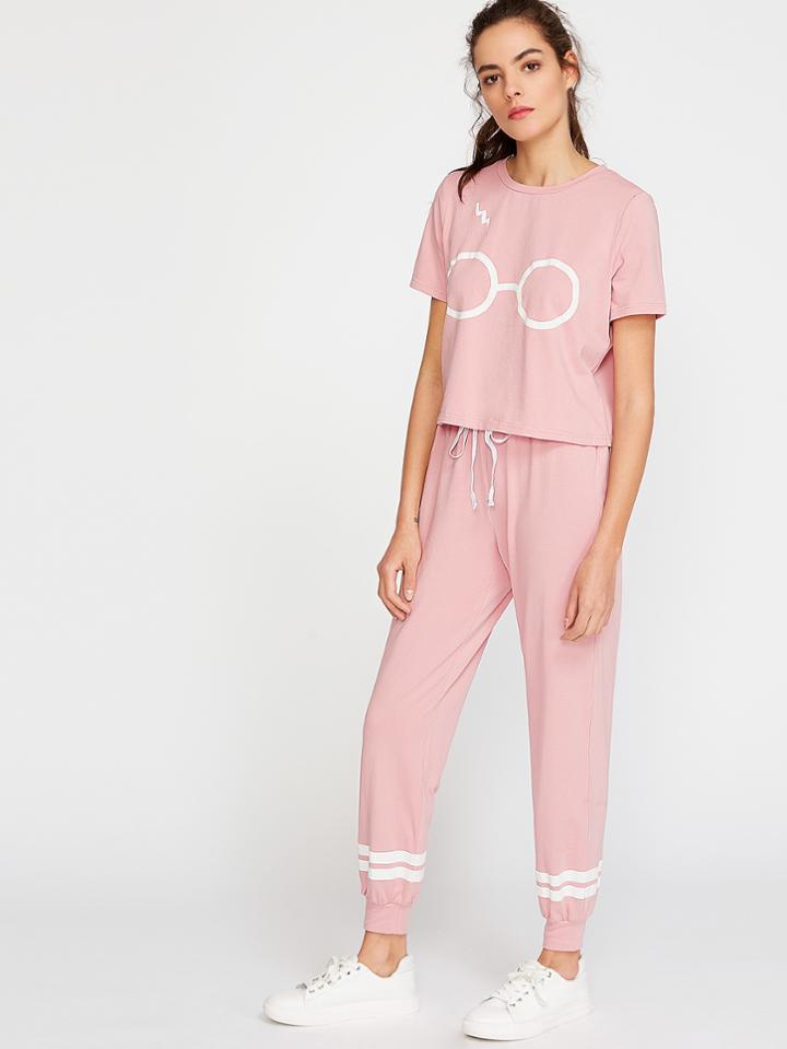 Romwe Pink Glasses Print T-shirt With Drawstring Sweatpants