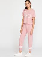 Romwe Pink Glasses Print T-shirt With Drawstring Sweatpants