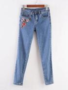 Romwe Flower Embroidery Skinny Jeans