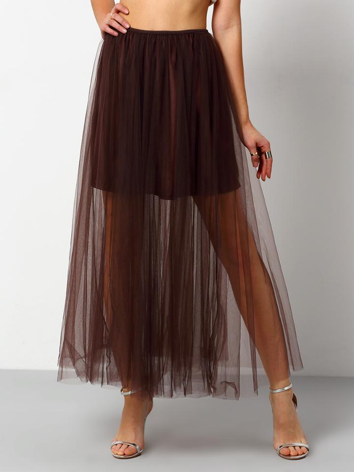 Romwe Elastic Waist Sheer Mesh Skirt