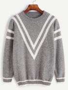 Romwe Heather Grey Striped Casual Sweater