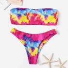 Romwe Tie Dye Bandeau With Cheeky Bikini Set