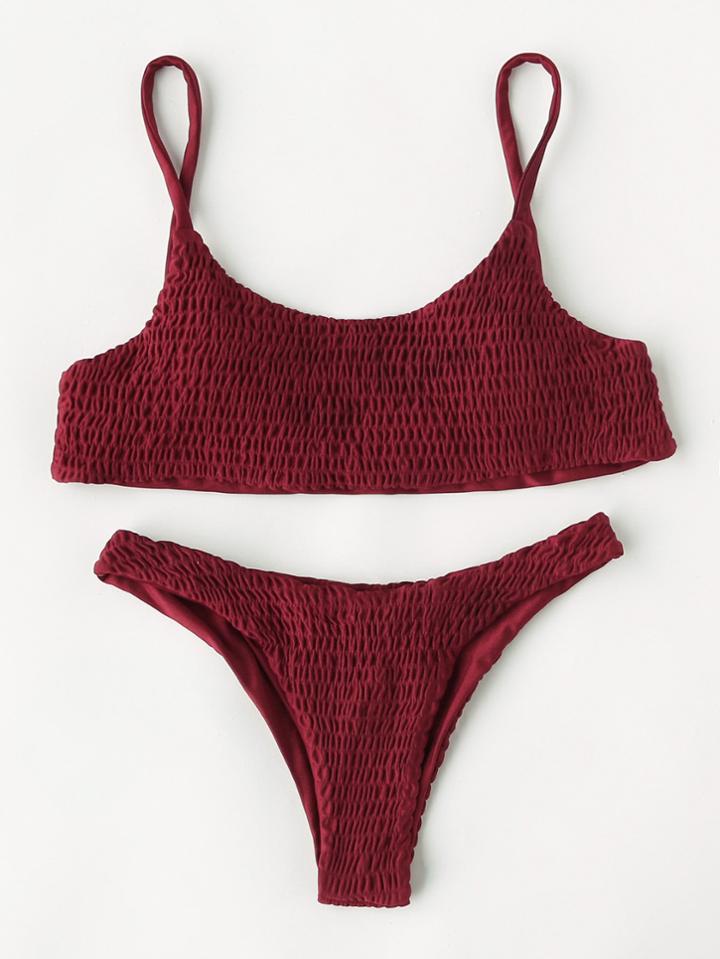 Romwe Shirred Design High Leg Bikini Set