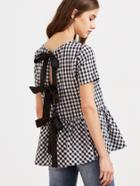 Romwe Black And White Checkered Bow Split Back Peplum Top