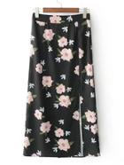 Romwe Flower Print High Slit Skirt