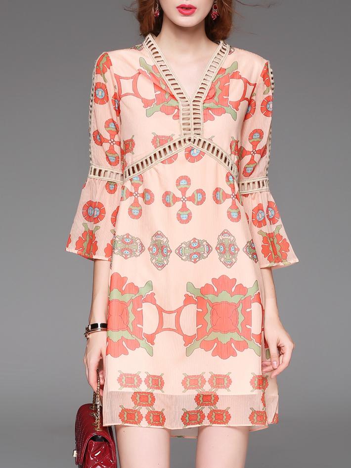 Romwe Apricot V Neck Mesh Print Shift Dress