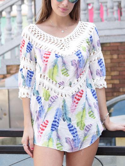 Romwe Crochet Insert Printed Blue Blouse
