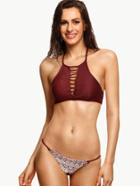 Romwe Burgundy Lace Applique Ladder Cut Bikini Set