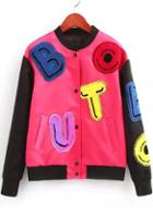Romwe Contrast Sleeve Letter Patch Rose Red Jacket