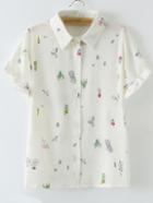 Romwe Multicolor Buttons Front Short Sleeve Print Chiffon Blouse