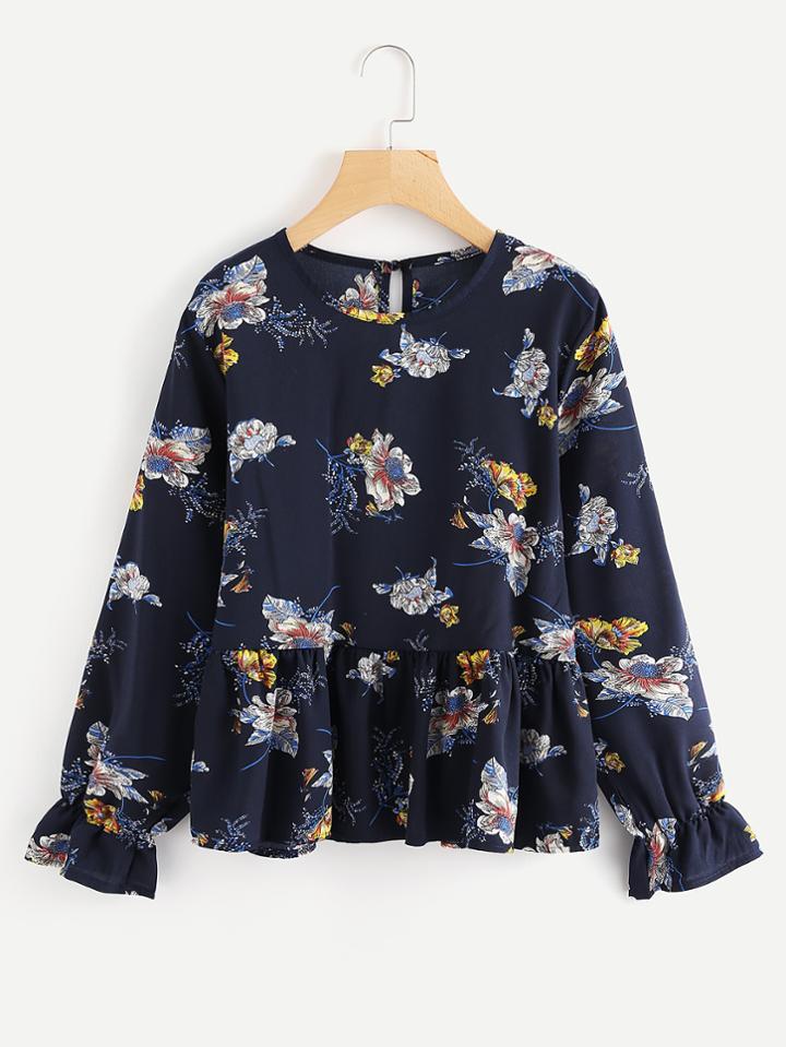 Romwe Fluted Sleeve Floral Print Ruffle Hem Top