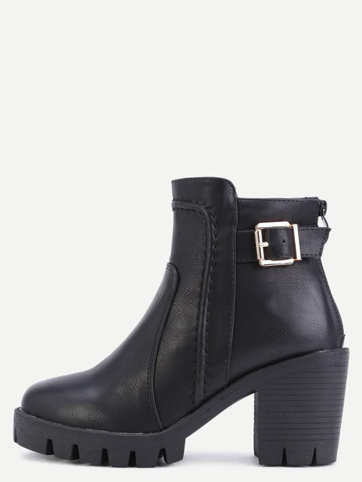 Romwe Black Distressed Pu Buckle Strap Zipper Chunky Boots