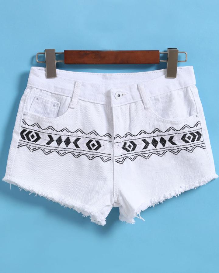 Romwe Fringe Embroidered Denim Shorts