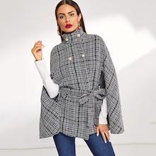 Romwe Double Breasted Front Tie Waist Tweed Cape Coat