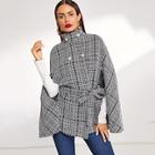 Romwe Double Breasted Front Tie Waist Tweed Cape Coat