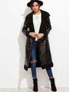 Romwe Black Buckle Strap Front Faux Leather Shearling Coat