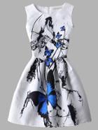 Romwe White Butterfly Print Fit And Flare Jacquard Dress