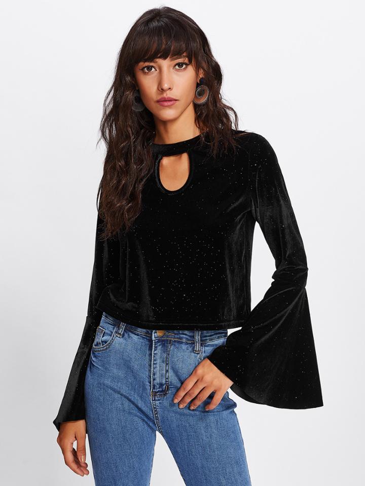 Romwe Rhinestone Embellished Fluted Sleeve Cutout Front Top