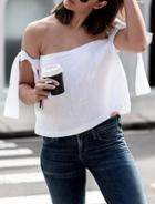 Romwe Off The Shoulder Self-tie White Top
