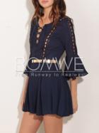 Romwe Navy Bell Sleeve Lace-up Pleated Dress