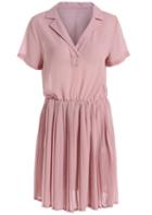 Romwe Lapel Short Sleeve Pleated Chiffon Pink Dress