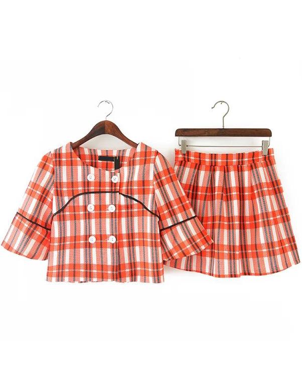 Romwe Plaid Double Breasted Crop Top With Skirt
