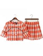 Romwe Plaid Double Breasted Crop Top With Skirt