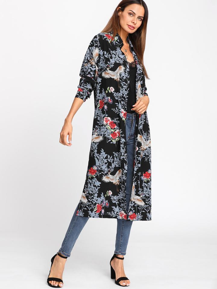 Romwe Crane Bird And Flower Print Shirt