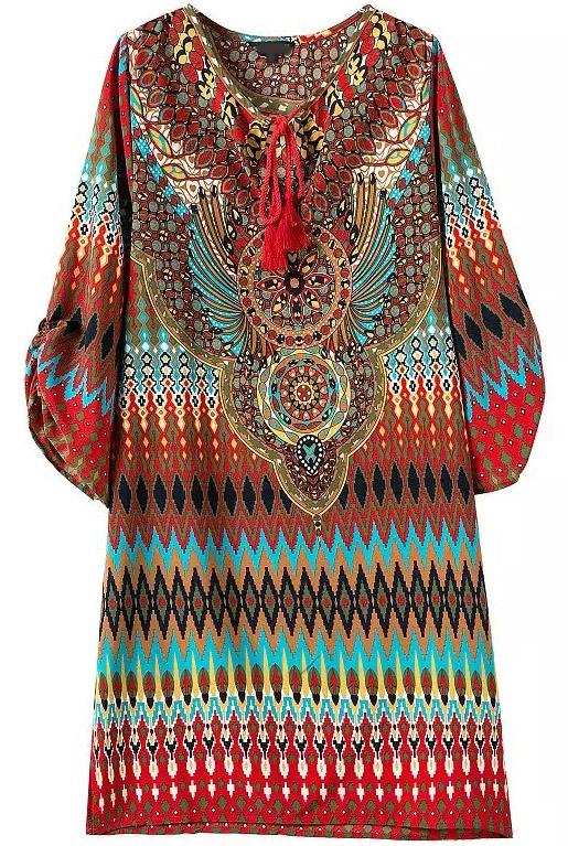 Romwe Orange Knotted Collar Tribal Print Loose Dress