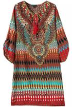 Romwe Orange Knotted Collar Tribal Print Loose Dress