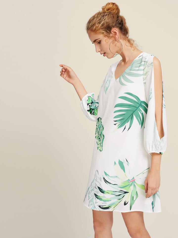 Romwe Tropical Print Split Sleeve Dress