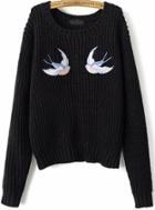 Romwe Swallow Embroidered Knit Sweater