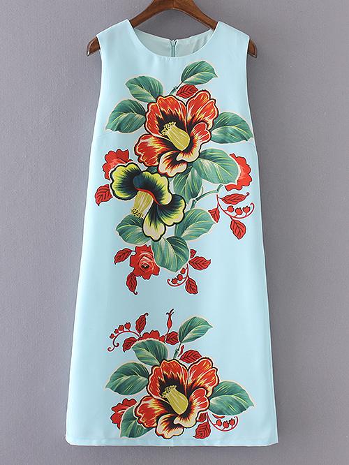 Romwe Blue Sleeveless Floral Zipper Back Dress