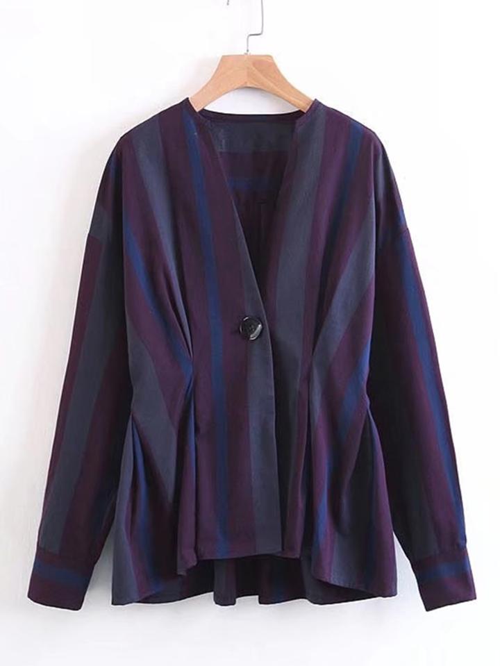 Romwe Pleated Waist Striped Blouse