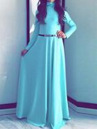 Romwe Sky Blue Stand Collar Belted Maxi Dress
