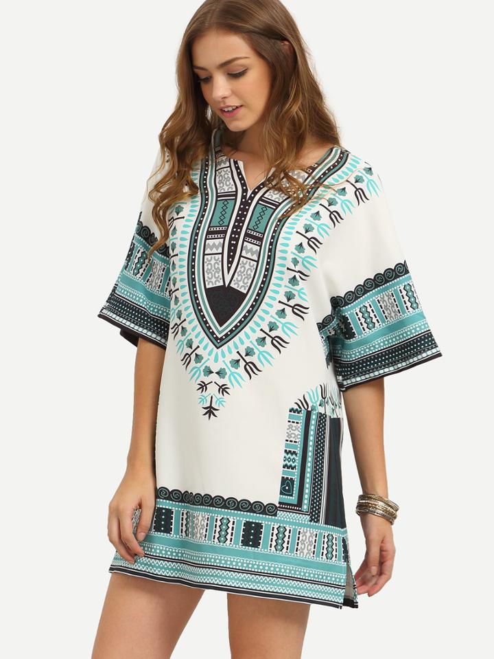 Romwe Multicolor Print Split Side Half Sleeve Shift Dress