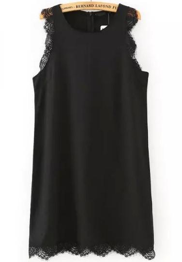 Romwe Black Sleeveless Lace Trims Slim Dress