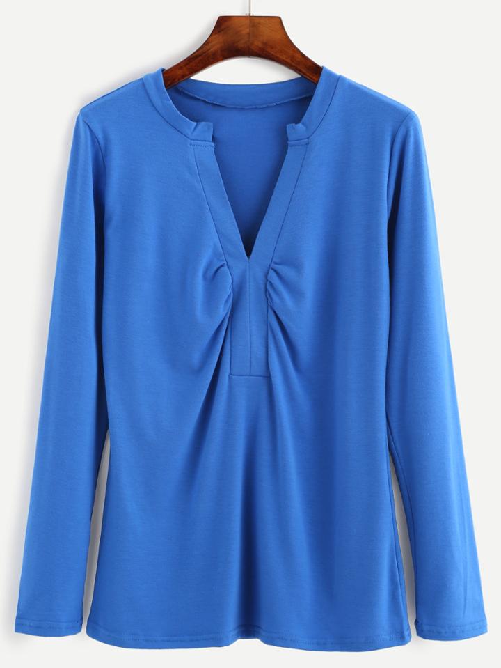 Romwe Blue Shirred V Neck Long Sleeve T-shirt