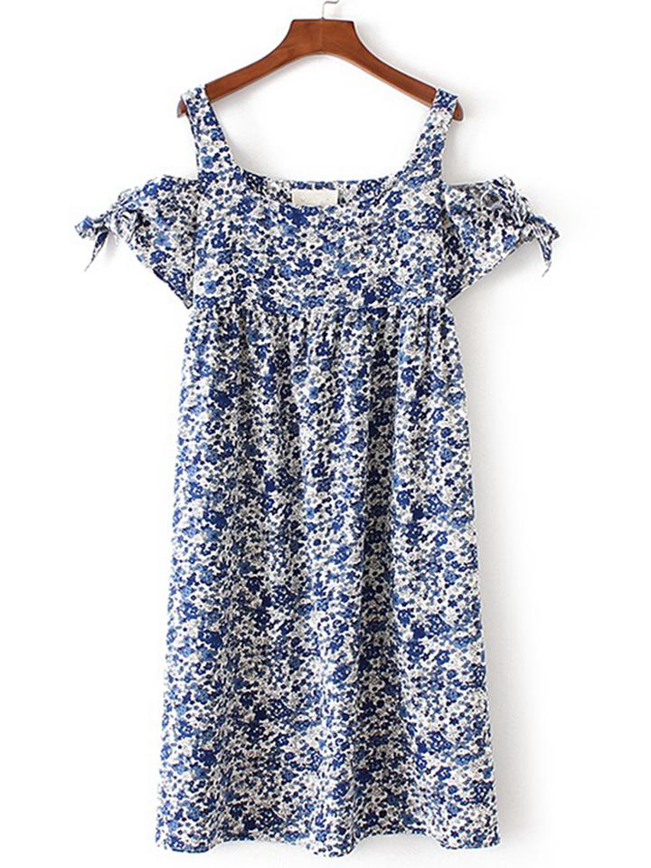Romwe Cold Shoulder Knot Detail Floral Dress