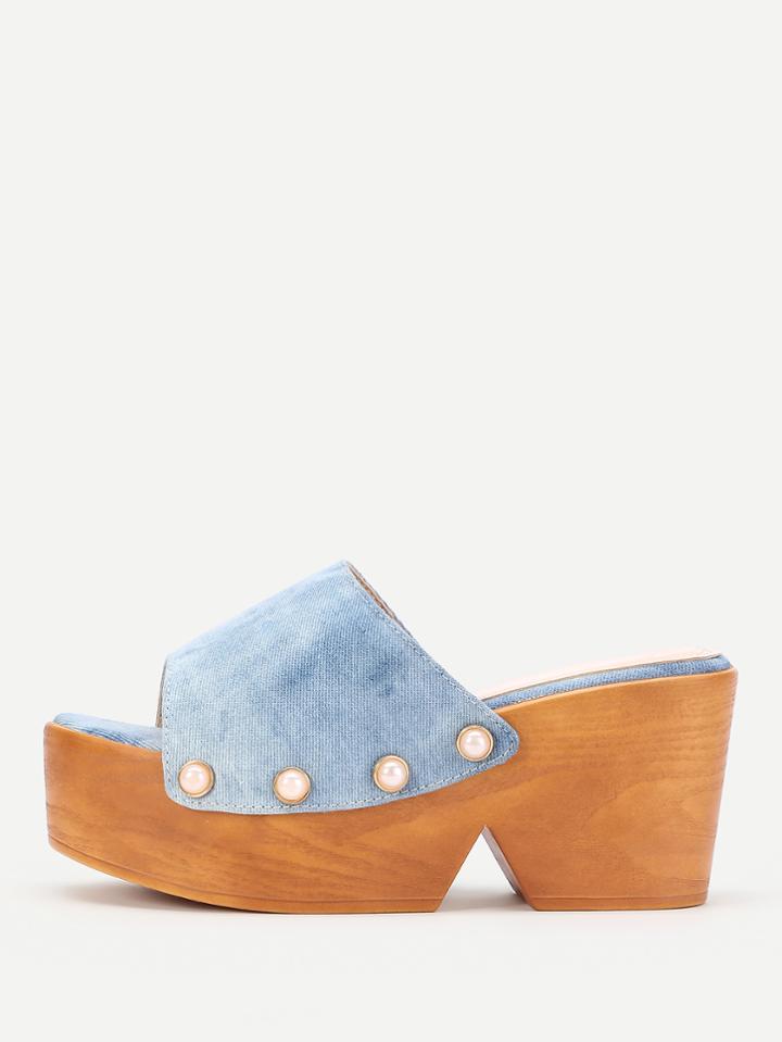 Romwe Faux Pearl Decorated Denim Platform Wedges