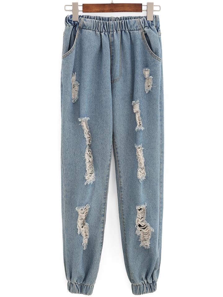 Romwe Elastic Waist Ripped Beam Port Denim Pant