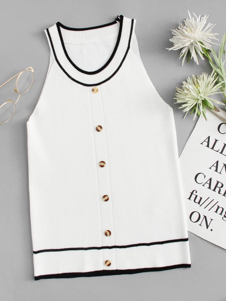 Romwe Single Breasted Contrast Trim Knit Top