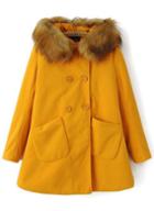 Romwe Yellow Double Breasted Fur Hooded Coat