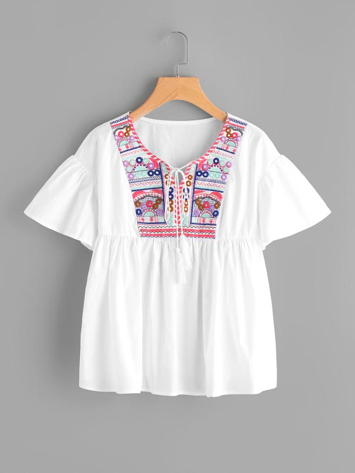 Romwe Tassel Tie Embroidered Yoke Flutter Sleeve Smock Top